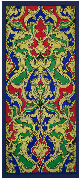 Alhambresque, 1855. Woven silk with satin binding, 127 x 55.6 cm. Possibly woven by Owen Jones. Likely woven by Daniel Keith & Company. Accession number T.132-1972 at The Victoria and Albert Museum.