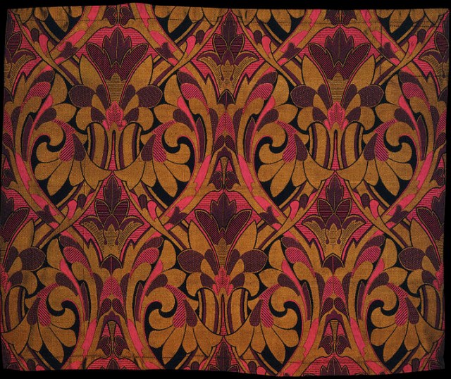 Jones, Owen. Jacquard-woven silk, designed in 1872. Woven in Spitalfields, 45.2 x 54.5 cm. Manufactured by Warner and Sons. Accession number T.94A-1930 at The Victoria and Albert Museum.