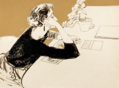 Potter, Jack. Mimi Monette, interior with brown background. Conté and watercolor, 45 x 61 cm. Accession number 2009.143 at the Museum of Fine Arts, Boston.