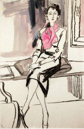 Potter, Jack. Mimi Monette wearing a pink scarf. Conté and watercolor, 56.5 x 38 cm. Accession number 2009.140 at tje Museum of Fine Arts, Boston.