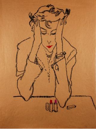 Potter, Jack. Woman contemplating lipstick, 1950s. Conté on paper, 60.5 x 46 cm. Accession number 2009.145 at the Museum of Fine Arts, Boston.