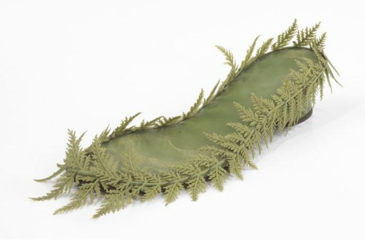 Levine, Beth. Topless shoe, 1955 - 1960. Green kidskin with green plastic fern fronds. Part of the Brooklyn Museum Costume Collection at the Metropolitan Museum of Art.