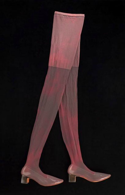 Levine, Beth. Stocking Shoes, ca 1965. Brown nylon knit, clear vinyl, and dark brown kidskin. Part of the Brooklyn Museum Costume Collection at the Metropolitan Museum of Art.