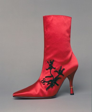 Satin evening boots by Christian Louboutin , fall 1994-95,France, MFIT, gift of Christian Louboutin