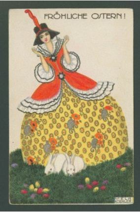 Koehler, Mela. Bright yellow egg dress with two bunnies, from the series Easter greetings, about 1912. Color lithograph on card stock, 14 x 8.9 cm. Accession number PG.2010.194.1 at the Museum of Fine Arts, Boston.